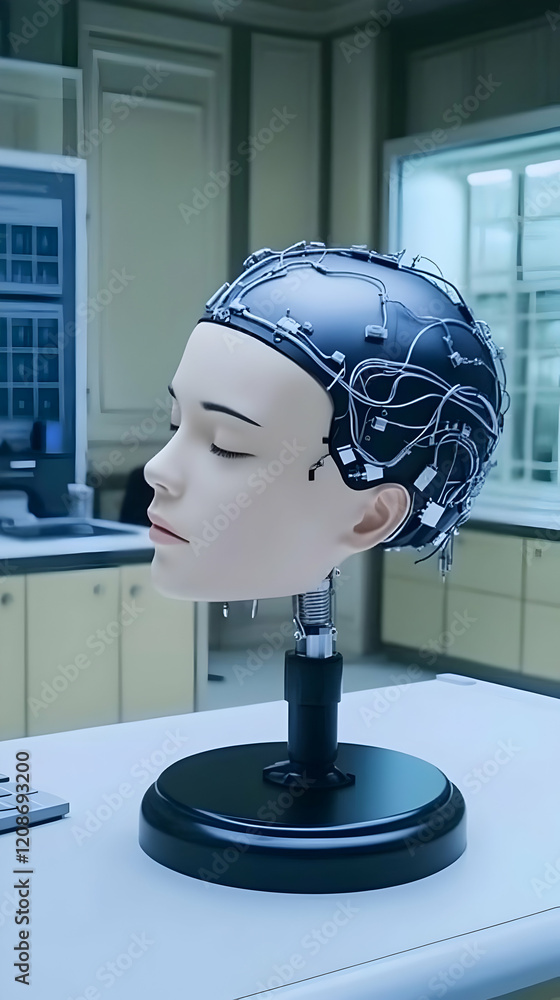 Aufkleber 3d rendered robotic head with wires mounted on a stand in a laboratory setting