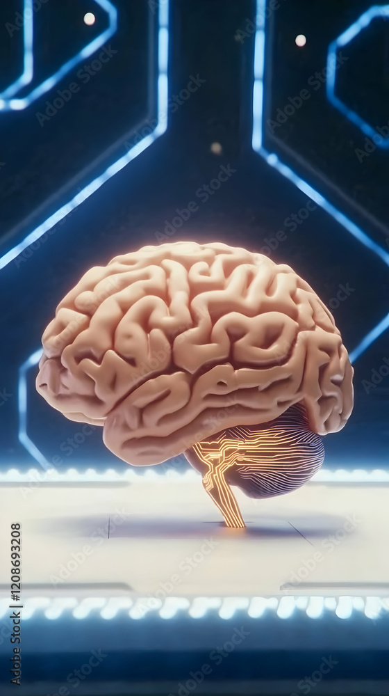 Poster 3d rendered human brain showing neural connections in futuristic setting