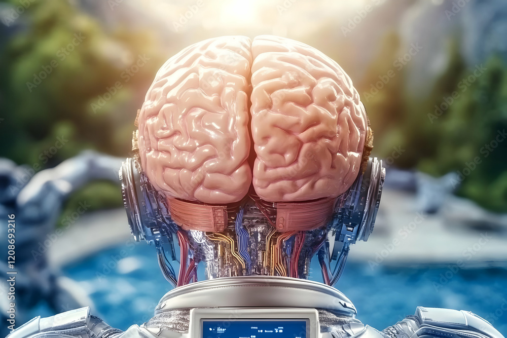 Aufkleber 3d illustration: robot with exposed brain contemplates by pool in blurred nature background