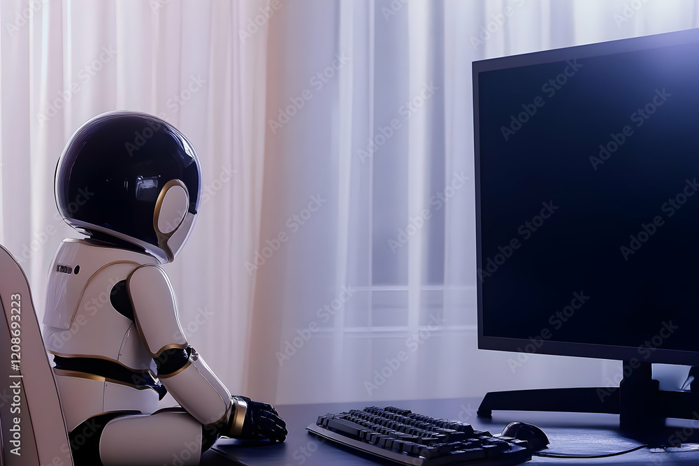 Poster robot sits at a desk and looks at a computer screen in a room with bright curtains