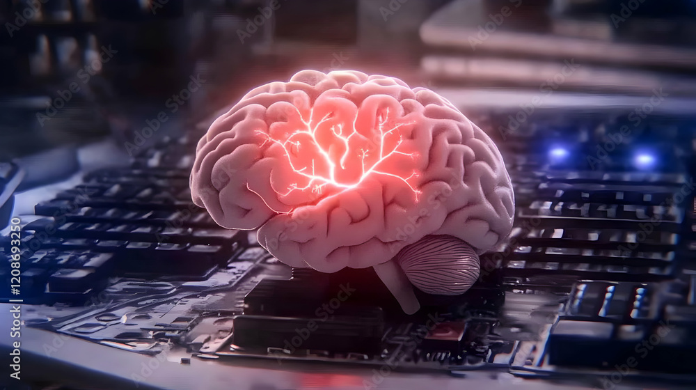 Poster 3d rendered brain sits on circuit board showing neural activity actively and brilliantly.