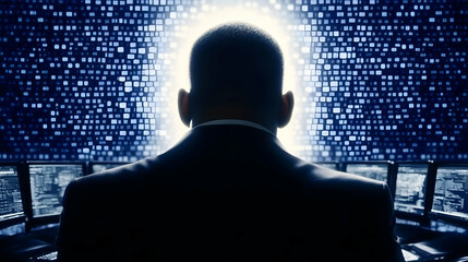 Businessman Sits Before Glowing Data Stream in Dark Room with Computers