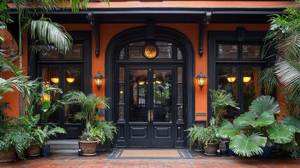 Ornate black double doors in a vibrant orange building with lush tropical plants.