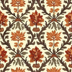 A beautiful array of floral motifs brings life to a surface, featuring rich orange and brown hues against a soft cream backdrop, inviting creativity in textile and wallpaper design.