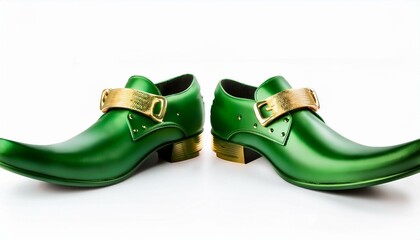 Pair of stylish green shoes with gold accents.