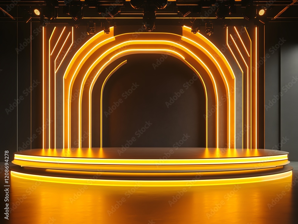 Poster illuminated stage setup with glowing arch designs and lighting for dynamic performances at an indoor