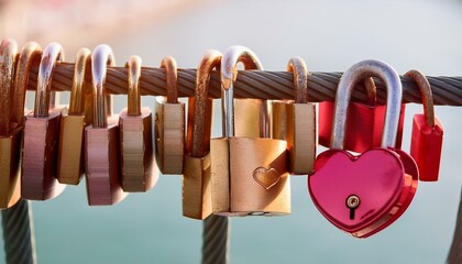 Love locks adorn a metal cable, a symbol of enduring romance.