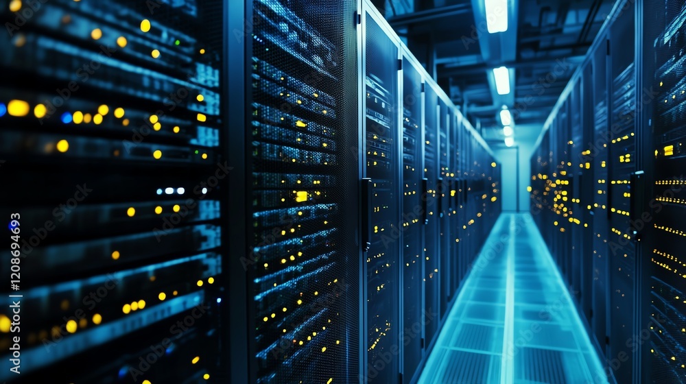 Poster data center equipped with advanced technology showcases rows of server racks in a modern facility at