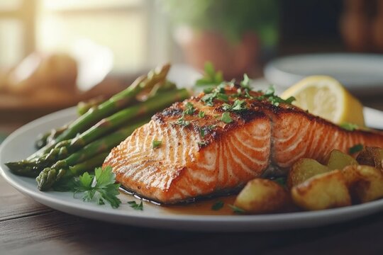 grilled salmon with  asparagus and roasted potatoes,garnished with fresh herbs and a squeeze of lemon
