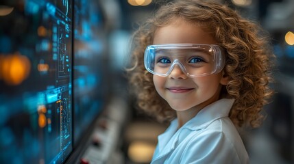 Girl scientist looking at futuristic screen