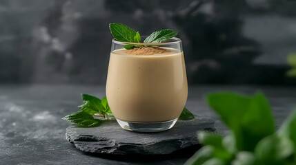 Creamy caramel smoothie garnished with mint, served on a slate coaster; dark background. Ideal for healthy food blogs or beverage websites