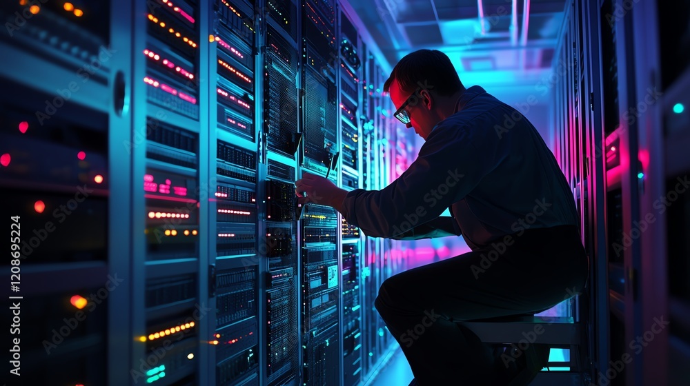 Aufkleber technician monitors server systems in a high-tech data center with colorful lights and modern equipm
