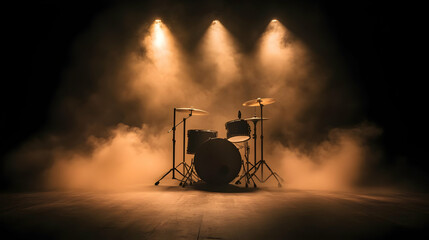 Drum Set Stands on Stage with Smoky Atmosphere Under Warm Stage Lights