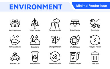 Environment Icon Set. A vibrant collection of icons promoting sustainability and eco-friendliness, environmental awareness and conservation efforts.