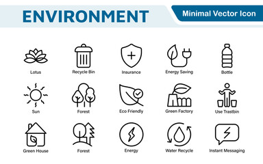 Environment Icon Set. A vibrant collection of icons promoting sustainability and eco-friendliness, environmental awareness and conservation efforts.