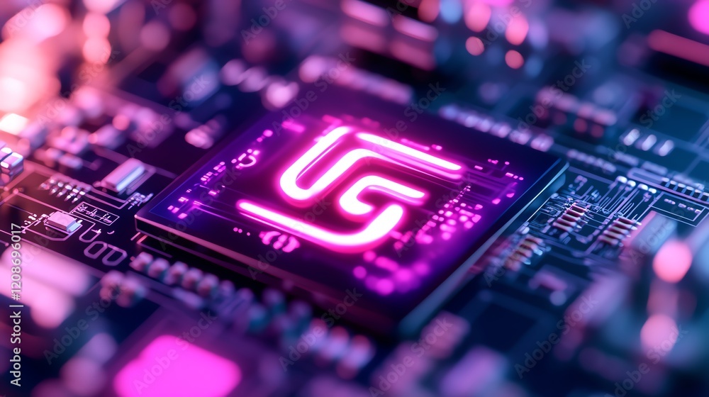 Poster close-up view of a vibrant microchip glowing with neon lights and intricate circuitry details