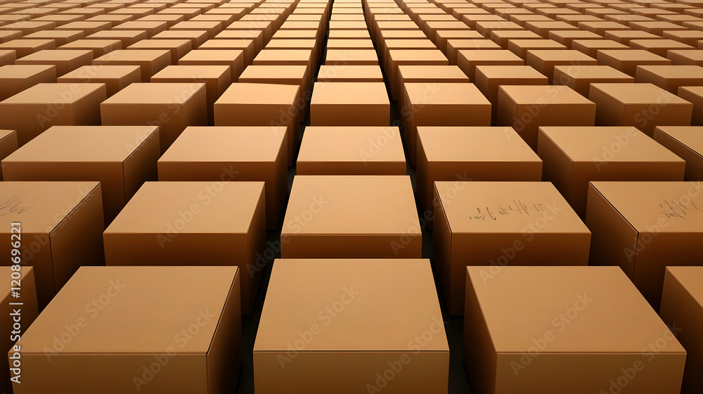 Poster Many Identical Cardboard Boxes Form a Grid Pattern with Minimalist Perspective and Uniform Lighting