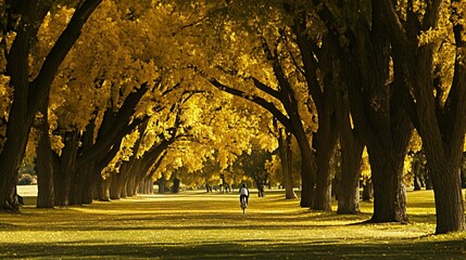 A cyclist riding alone through a sunlit park trail lined with autumn.