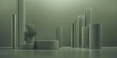Obraz premium 3D Green Podium with Pillars and Ornamental Plant Displaying Products Elegantly and Minimally