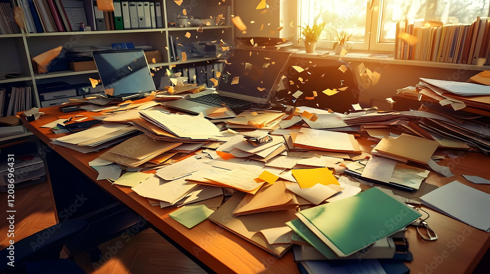 Poster Messy Office Desk Covered in Paperwork and Documents in Disarray Under Sunlight