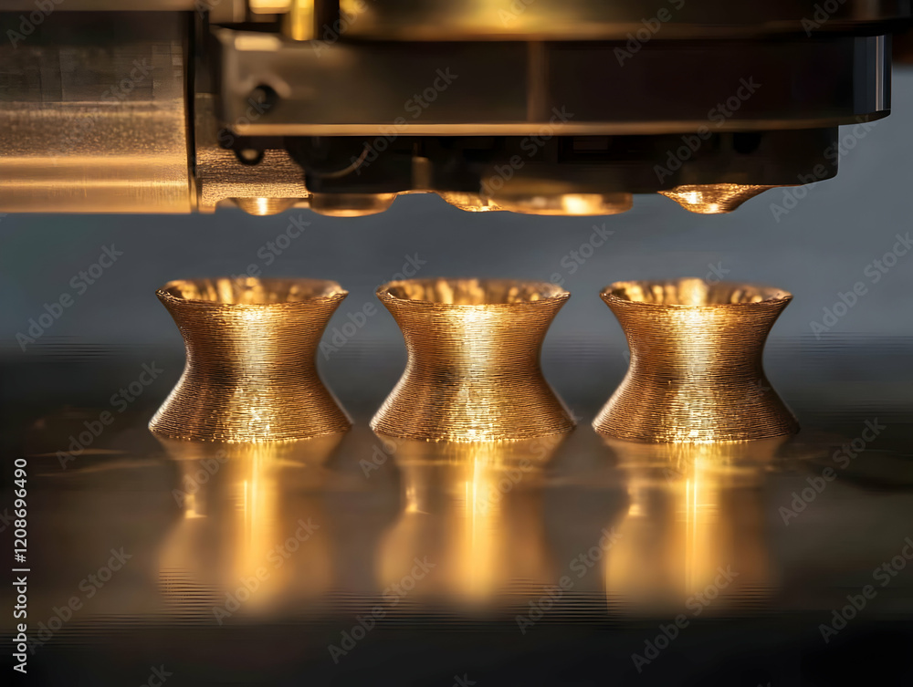 Poster 3d printer creates three intricate golden objects with precision and innovative technology.