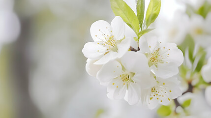 Delicate white blossoms on a branch, springtime garden background, perfect for spring greetings or nature websites