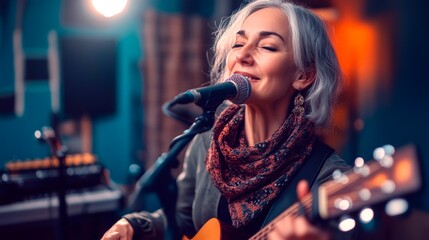 Middle age woman musician singing song at music studio