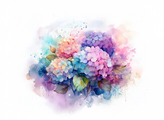 Fototapeta premium A watercolor painting of hydrangeas in vibrant pink, blue, and peach hues. The flowers are clustered together against a soft, colorful watercolor background with splatters.