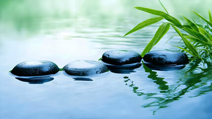 Black Stones and Green Grass Create a Serene Path Across Calm Blue Water in Nature's Tranquility