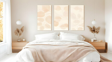 Modern Minimalist Bedroom Design Showcases Tranquil Leaf Artwork and Neutral Tones Creates a Serene Atmosphere.