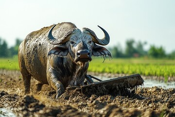 Obraz premium Muddy water buffalo plows rice paddy.