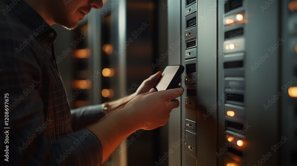Poster technician checking server status with smartphone in data center during evening hours
