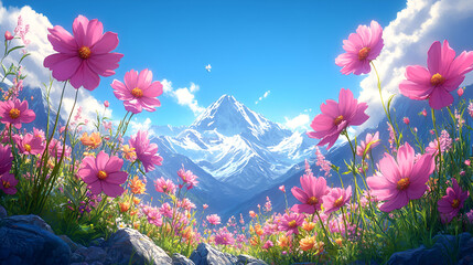 Pink Cosmos Flowers Blooming Before Majestic Mountains