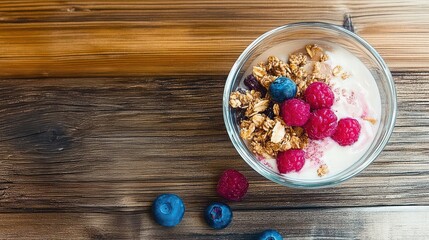 Granola and berry yogurt parfait on rustic wooden table