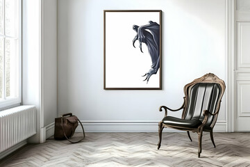 Dark Figure Emerges from Framed Art in a Stylish Room with a Leather Chair Gracefully Placed.