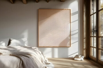 Beige abstract art enhances a minimalist bedroom with wooden floor and window, adding calmness and style.