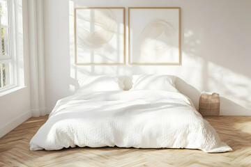 Minimalist Bedroom Interior Illustrates Comfort with White Bedding, Wood Floors, and Abstract Art