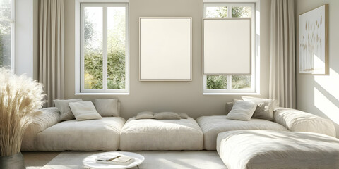 Modern living room interior features a comfy sectional sofa and two blank picture frames elegantly positioned above it.