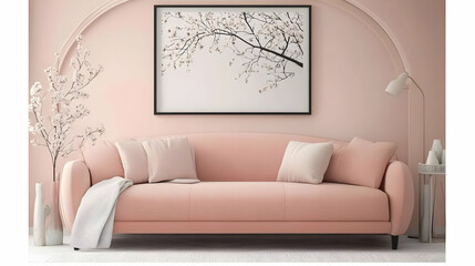 Modern Living Room Interior with Pink Sofa, Framed Art, and Decor on a White Rug
