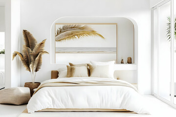 Modern Minimalist Bedroom Design Showcases White Bedding, Gold Accents, and Natural Textures with Tranquil Beach Artwork.