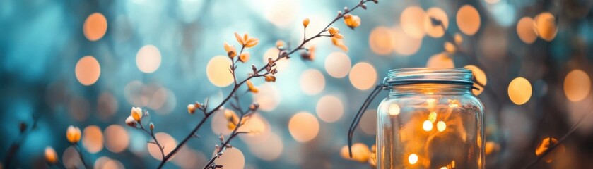 A glowing jar amidst branches, symbolizing warmth and joy.