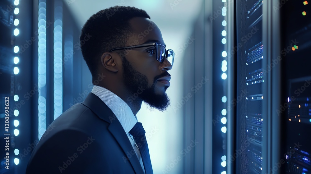 Poster professional man in suit monitors server performance in data center during evening hours
