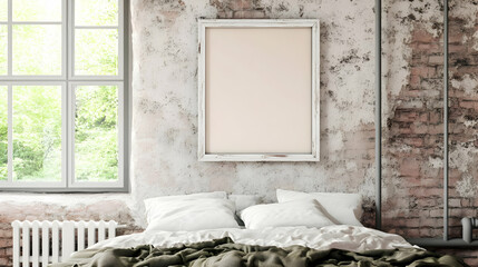 Empty Frame Mockup Hangs Above a Bed in a Rustic Bedroom Interior Design with Exposed Brick Wall
