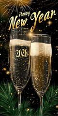 Happy New Year 2026, "Happy New Year 2026" is written between the wine glasses on a shiny black background.