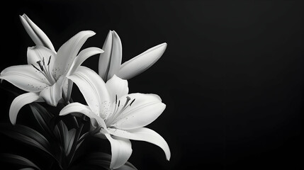 Elegant white lilies against a black background, perfect for sympathy cards or memorial websites