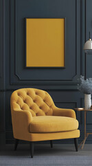 Yellow Armchair in a Dark Blue Room with a Blank Frame Mockup