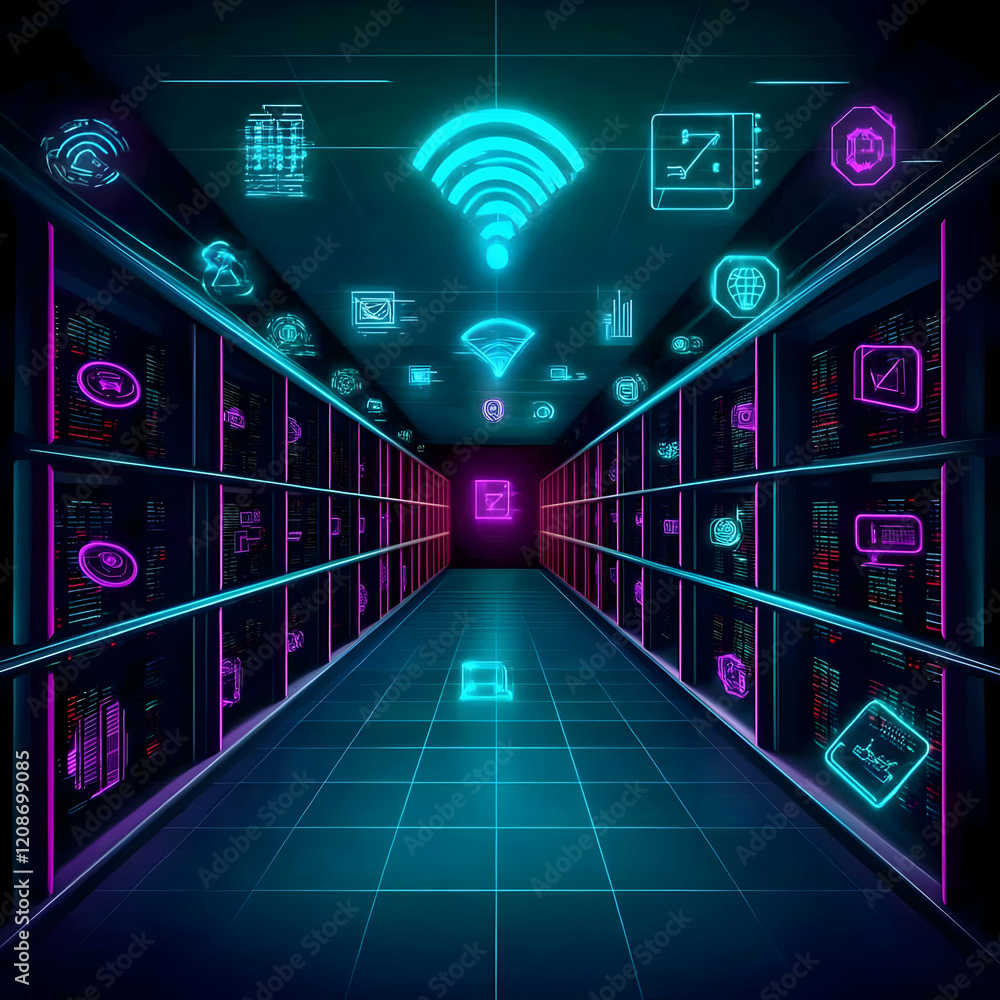 Poster futuristic server room depicts data storage with neon icons and technology symbols enhancing digital