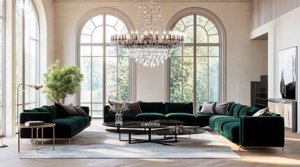 Luxurious living room interior with emerald green sofas and a crystal chandelier