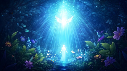 Enchanting glowing forest path, ethereal figure, divine light, peaceful background, fantasy art