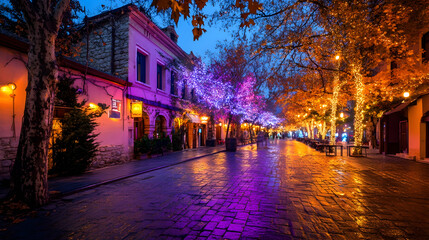 Fototapeta premium Evening stroll, cobblestone street, illuminated trees, European city, festive lights, winter holiday season